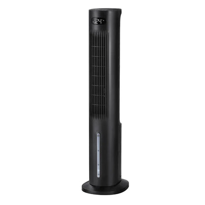 Black tower fan with digital display and vertical air vents, standing on round base