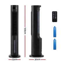 Black tower fan air cooler with remote control, ice packs, and dimensions 109x30x23cm