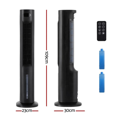 Black tower fan air cooler with remote control, ice packs, and dimensions 109x30x23cm