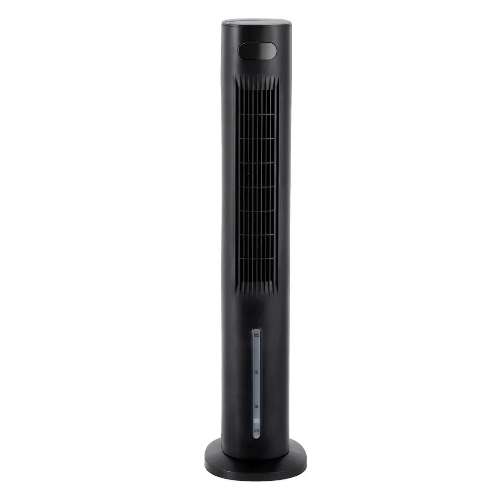 Black tower fan with vertical vents and control panel, standing on a round base.