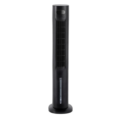 Black tower fan with vertical vents and control panel, standing on a round base.