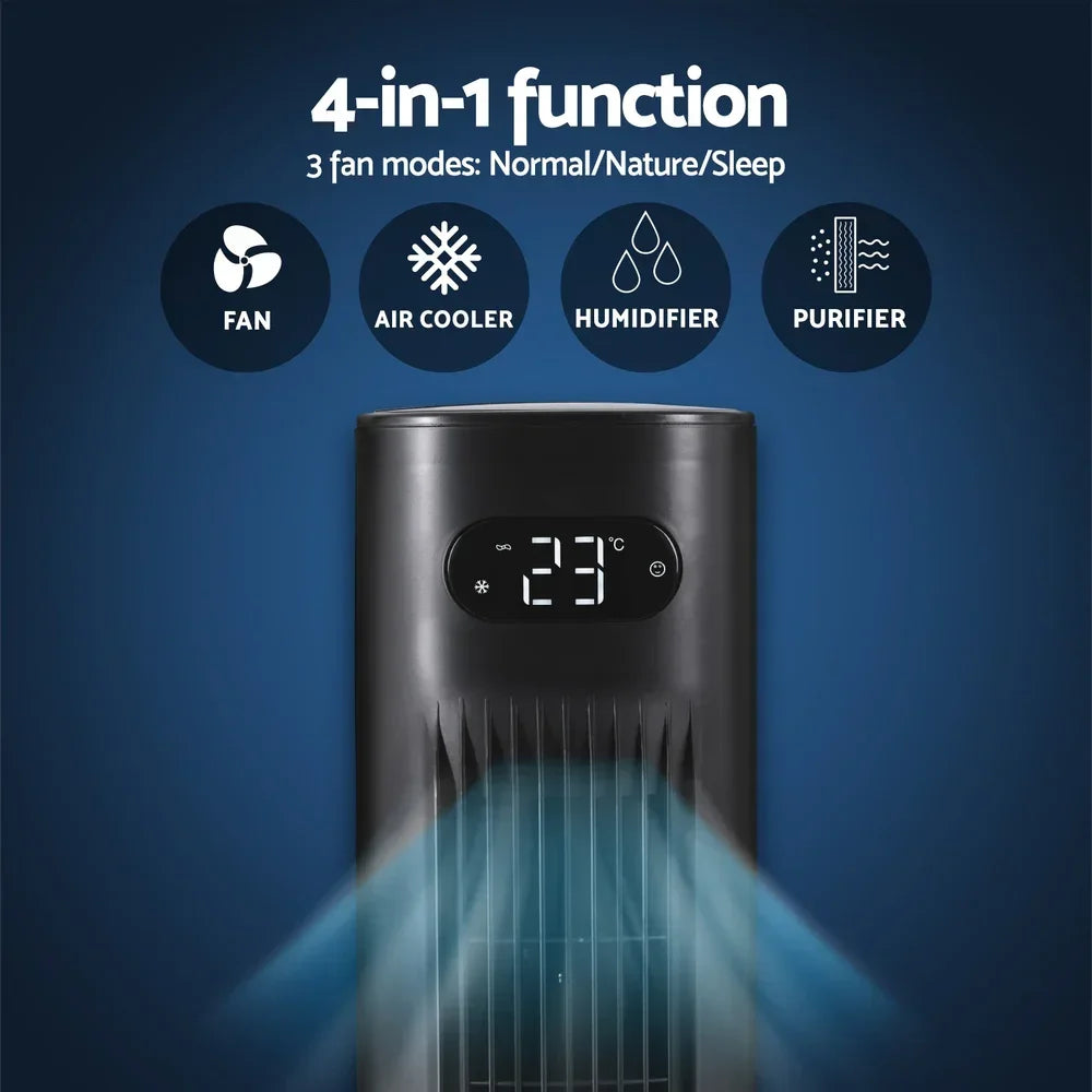 4-in-1 air cooler, fan, humidifier, and purifier with digital display and blue airflow
