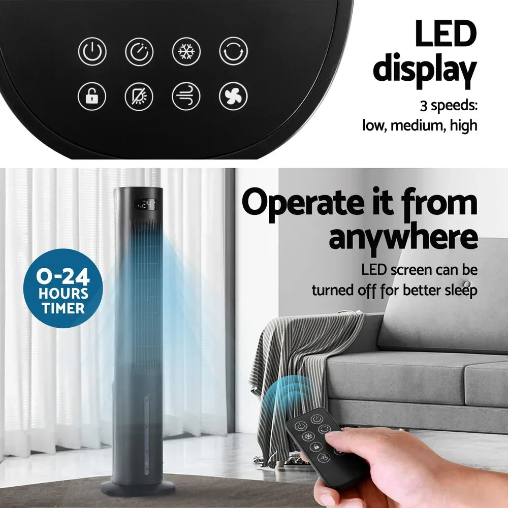 Black tower fan with LED display, remote control, timer function, in modern living room