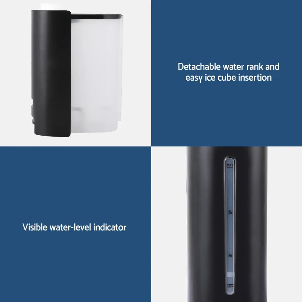 Detachable water tank with visible water-level indicator and easy ice cube insertion.