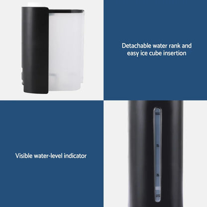 Detachable water tank with visible water-level indicator and easy ice cube insertion.