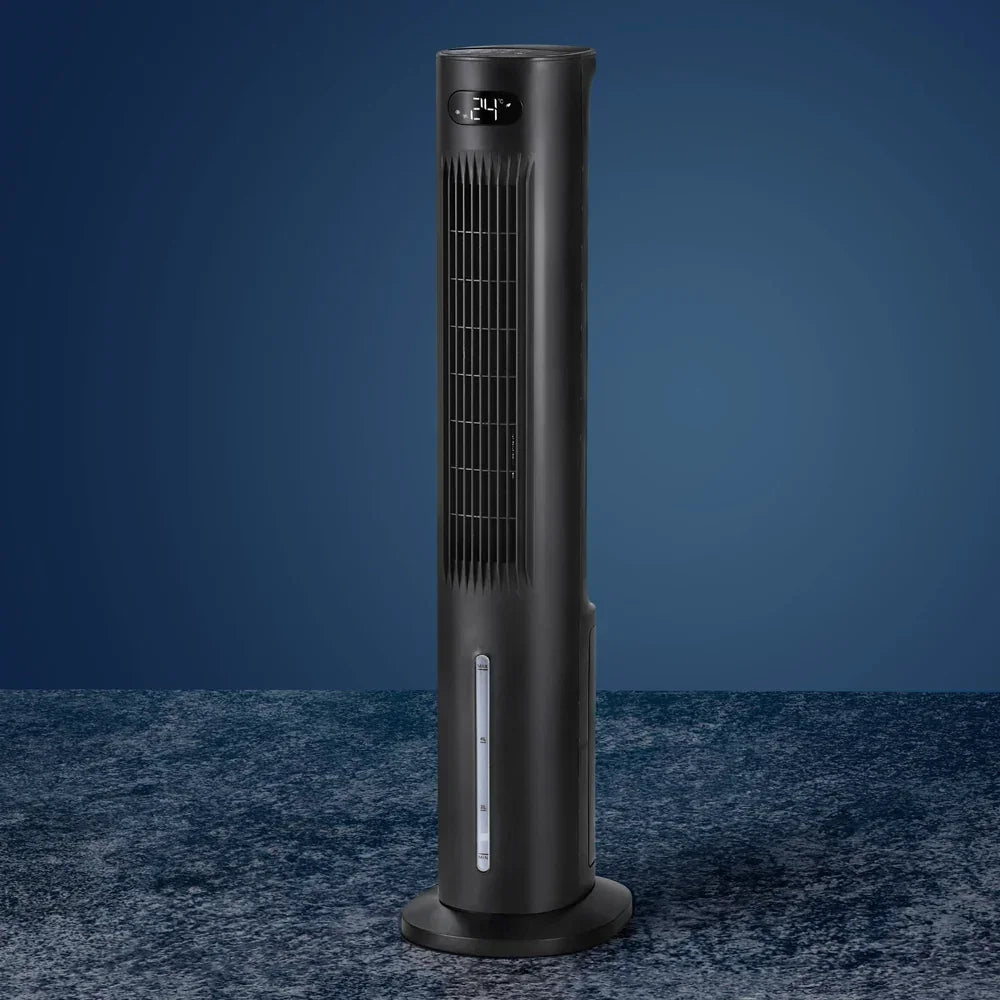 Black tower fan with digital display on blue background, modern oscillating cooling appliance