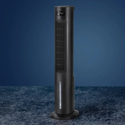 Black tower fan with digital display on blue background, modern oscillating cooling appliance