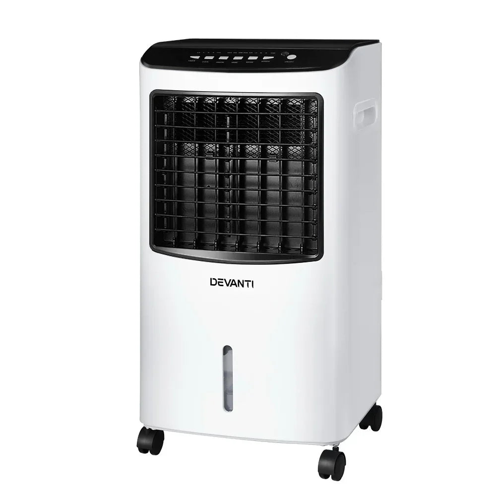 White portable air cooler with black vents and control panel, four caster wheels