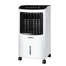 White portable air cooler with black vents and control panel, four caster wheels