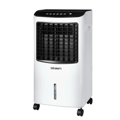 White portable air cooler with black vents and control panel, four caster wheels