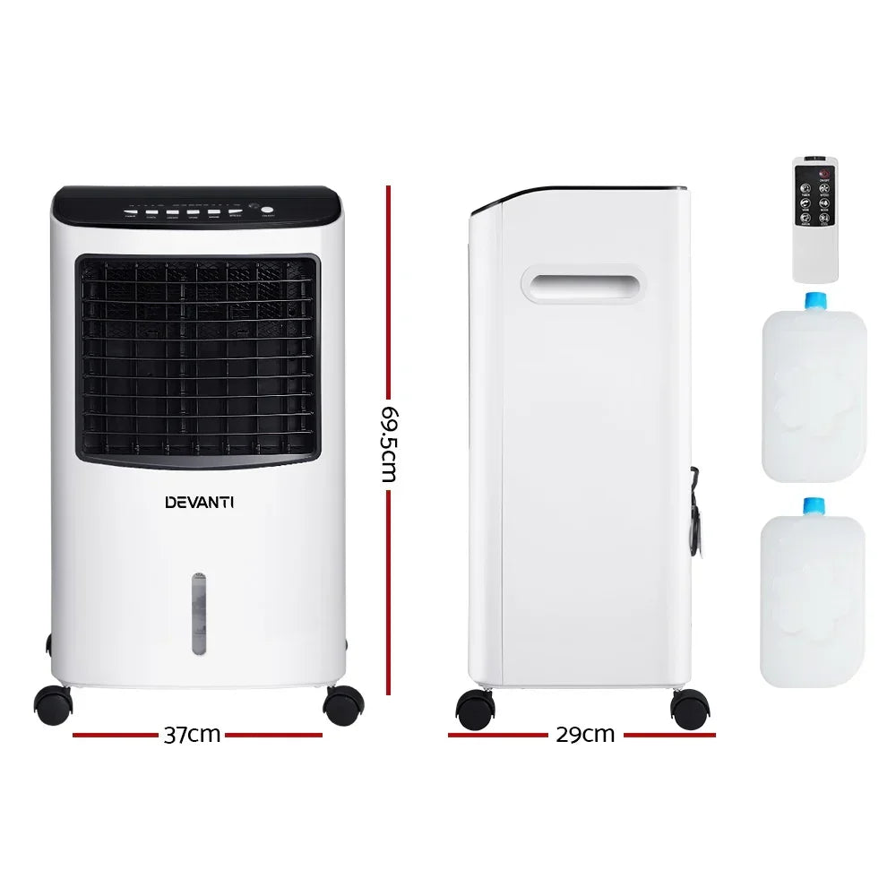 Portable evaporative air cooler with remote control, ice packs, and dimensions labeled