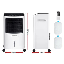 Portable evaporative air cooler with remote control, ice packs, and dimensions labeled