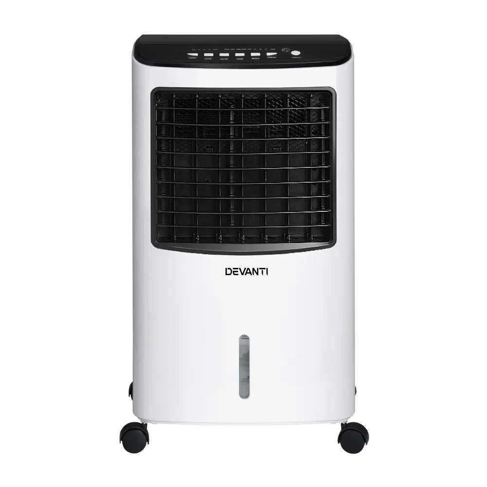 White portable air cooler with black vent grill, LED display, and caster wheels