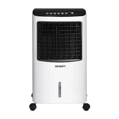 White portable air cooler with black vent grill, LED display, and caster wheels