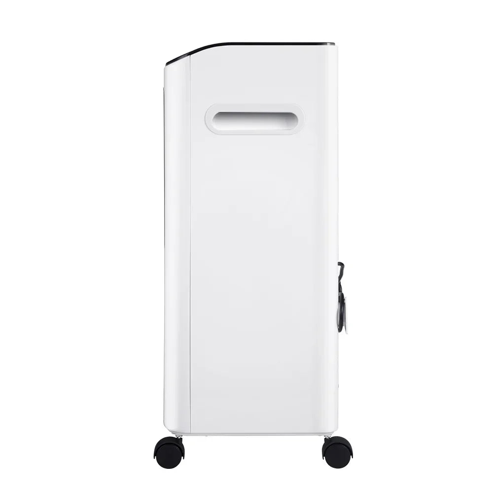 White portable air conditioner side view on wheels with handle slot