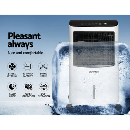 Portable air cooler with ice effect, 3 speed settings, 8L water tank, and swing mode features.