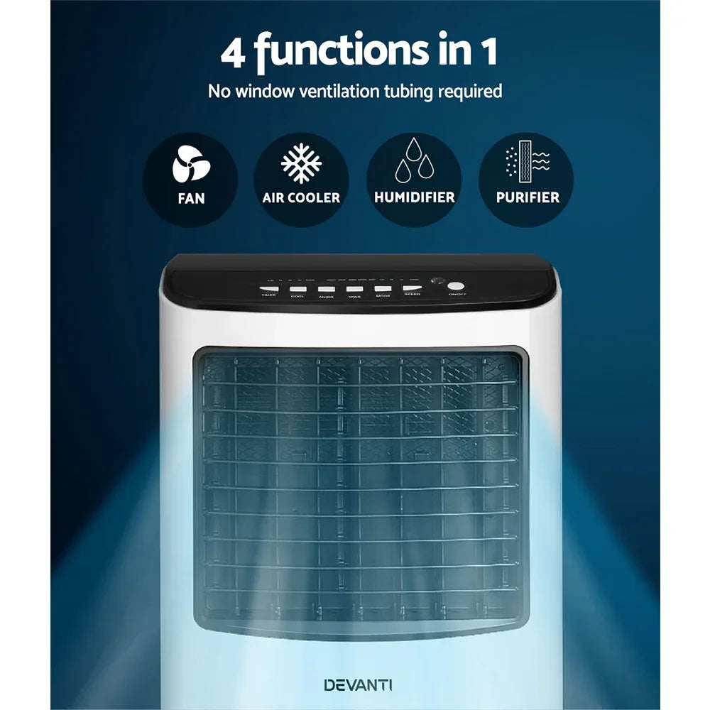 Portable air cooler with fan, humidifier, and purifier features, no window tubing needed