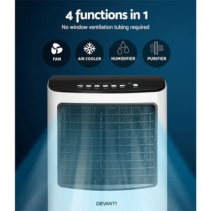 Portable air cooler with fan, humidifier, and purifier features, no window tubing needed