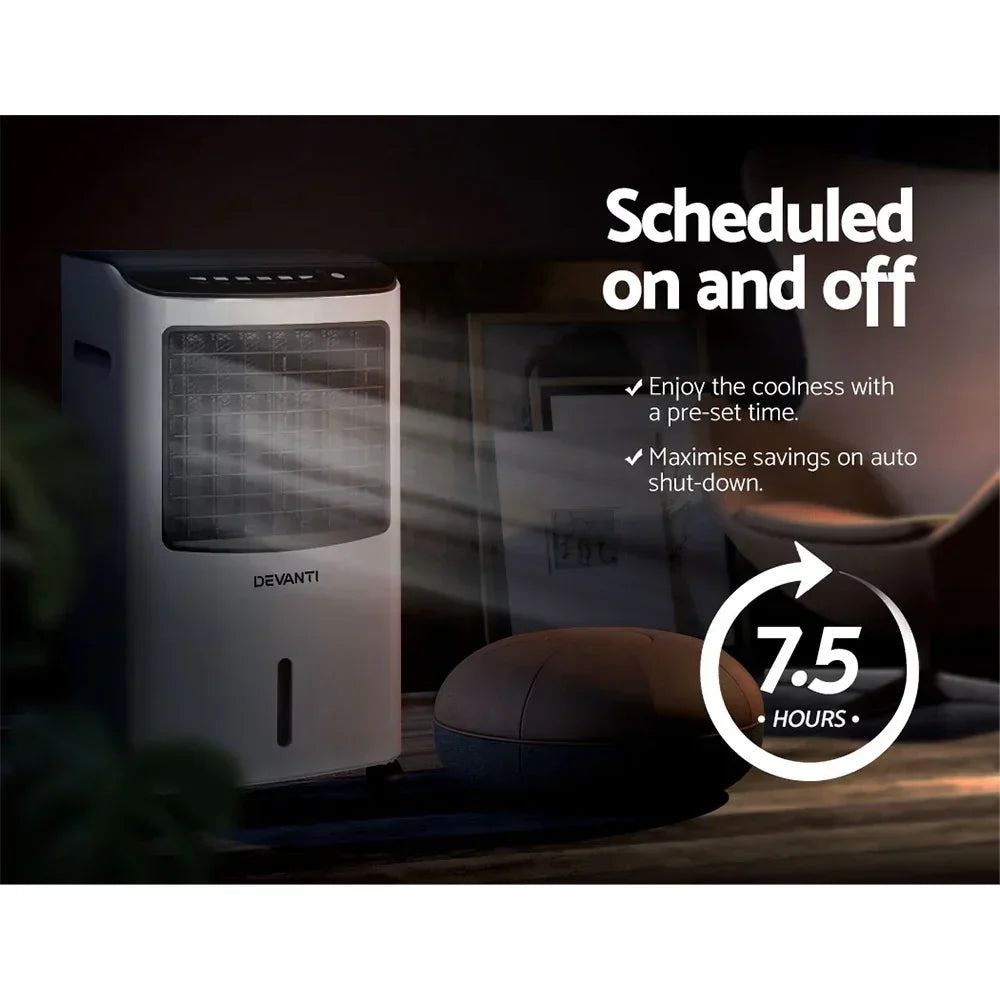 White Devanti air cooler with timer, airflow visible, showing 7.5-hour auto shut-off feature.