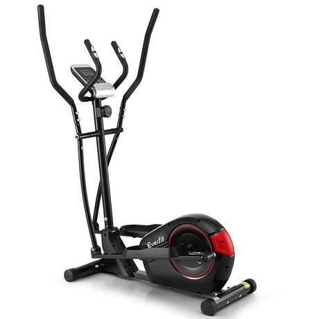 Black and red elliptical cross trainer with digital display and ergonomic handles