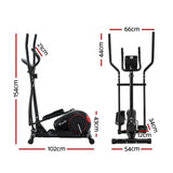 Black elliptical cross trainer with red accents shown from side and front, labeled with dimensions.