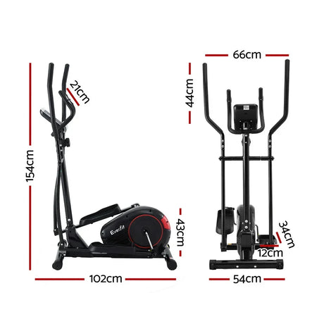 Black elliptical cross trainer with red accents shown from side and front, labeled with dimensions.