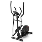 Black elliptical cross trainer exercise machine with digital display on white background