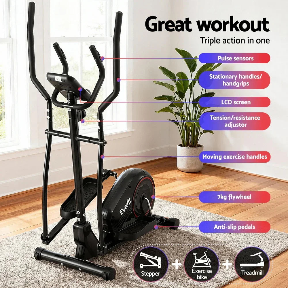 Black elliptical cross trainer with LCD screen, resistance adjustor, shown in a bright room.