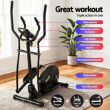 Black elliptical cross trainer with LCD screen, resistance adjustor, shown in a bright room.