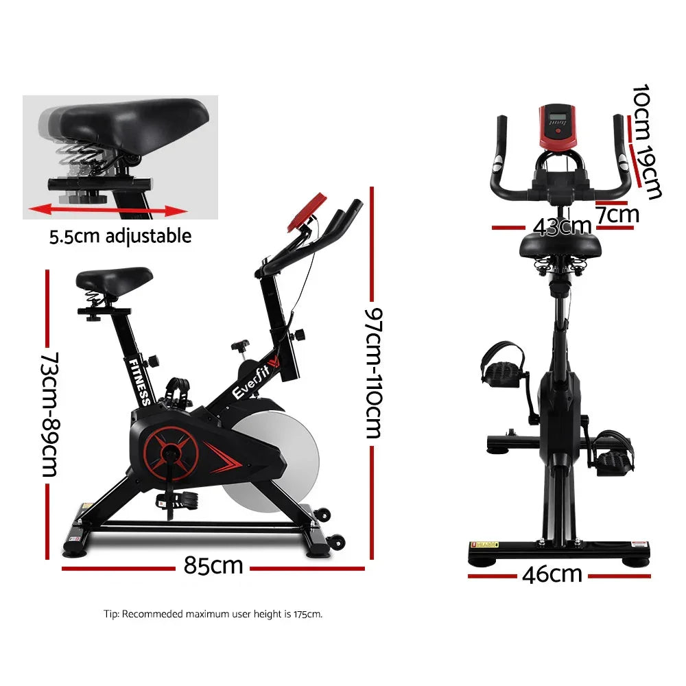 Adjustable indoor exercise bike with seat and handlebar dimensions, side and front view