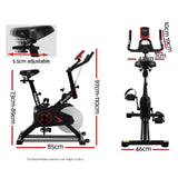 Adjustable indoor exercise bike with seat and handlebar dimensions, side and front view