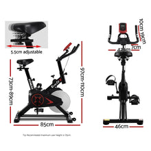Adjustable indoor exercise bike with seat and handlebar dimensions, side and front view