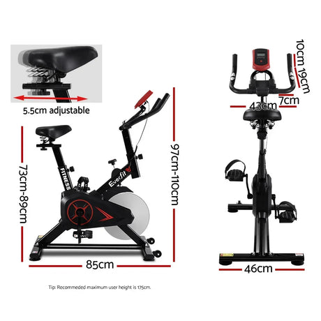 Adjustable indoor exercise bike with seat and handlebar dimensions, side and front view