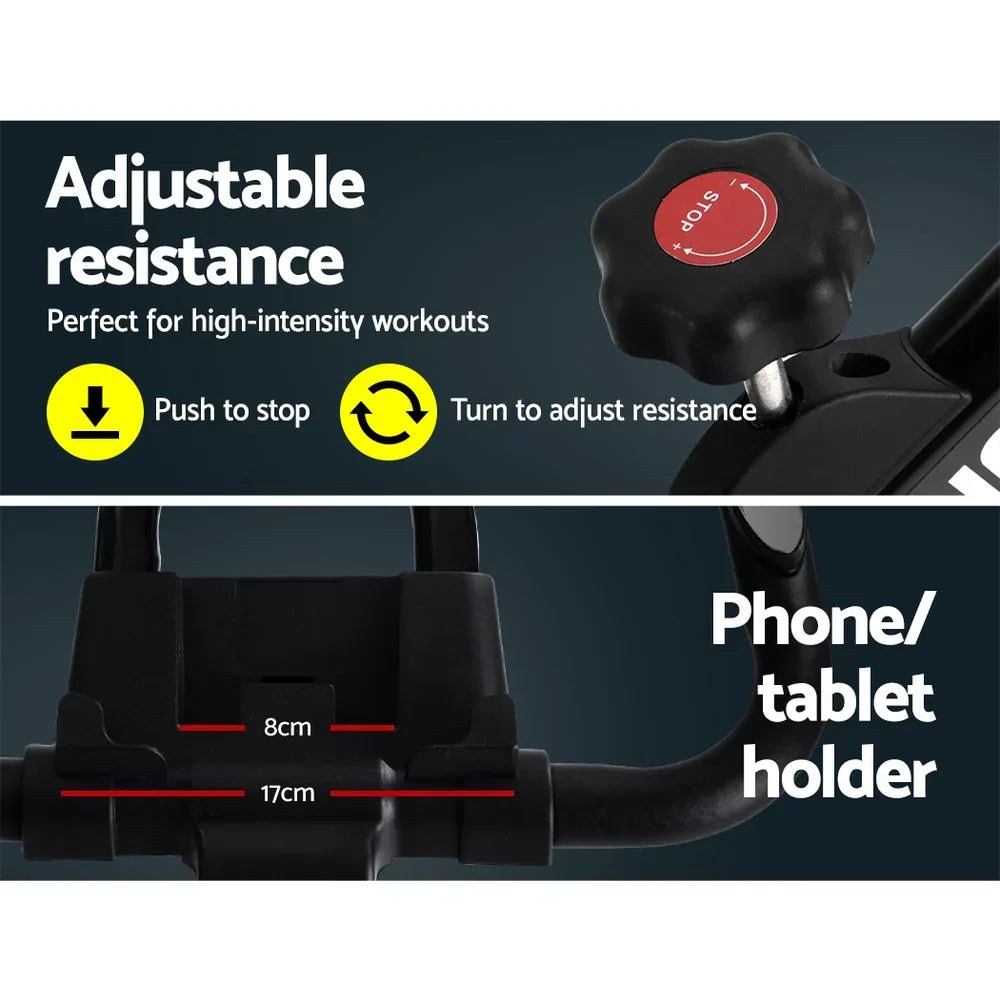 Exercise bike adjustable resistance knob and phone tablet holder with measurements
