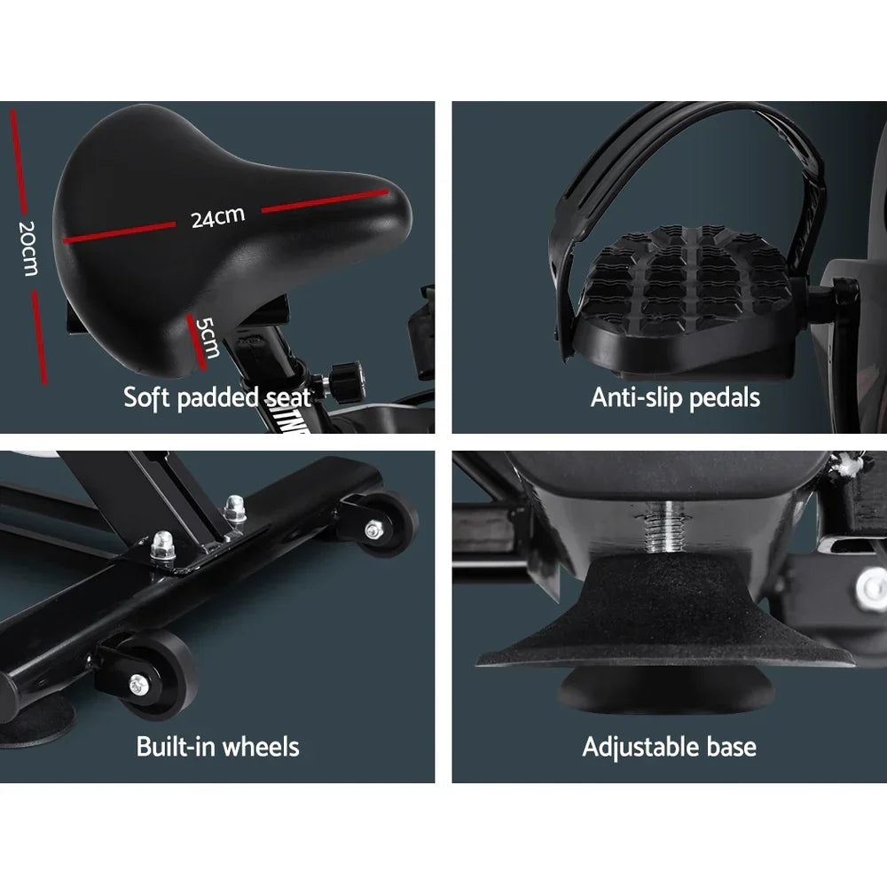 Exercise bike features soft padded seat, anti-slip pedals, built-in wheels, adjustable base.
