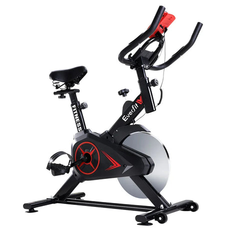 Black and red Everfit indoor exercise bike with adjustable seat and handlebars