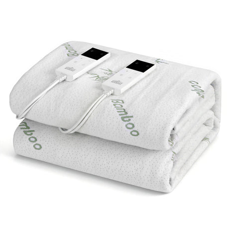 Folded bamboo electric blanket with dual digital controllers on a white background