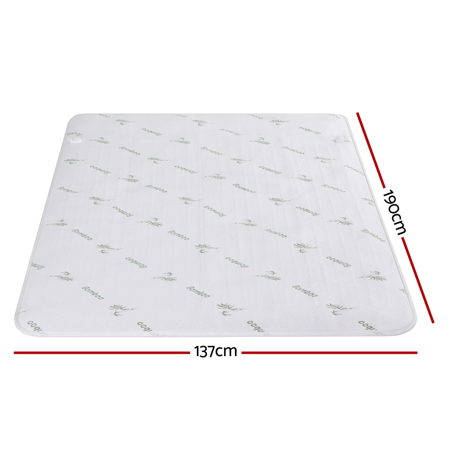 Bamboo mattress topper with dimensions 137cm by 190cm, white with green bamboo print