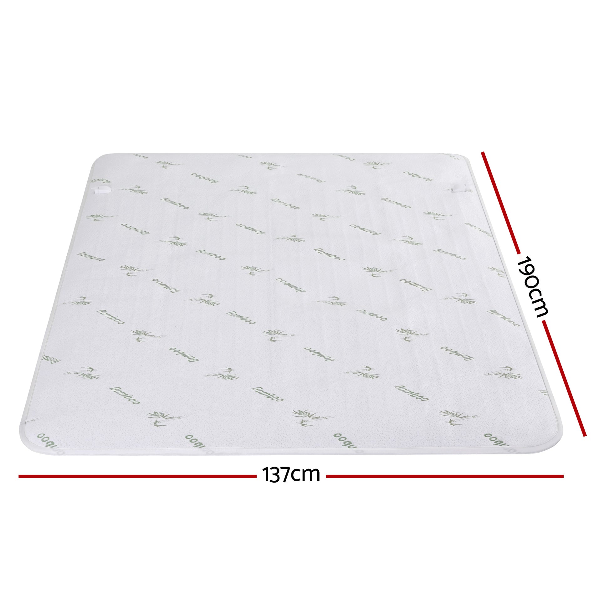 Bamboo mattress topper with dimensions 137cm by 190cm, white with green bamboo print