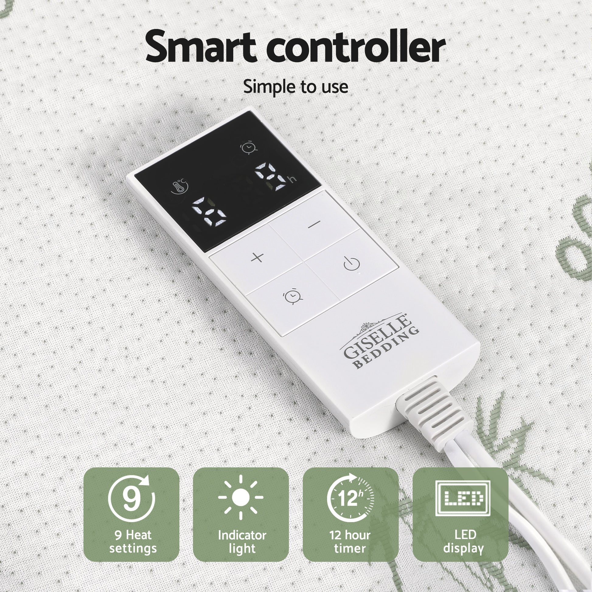 Electric blanket smart controller with LED display, heat settings, and timer on fabric surface