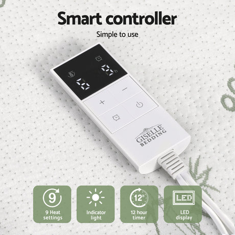 Electric blanket smart controller with LED display, heat settings, and timer on fabric surface