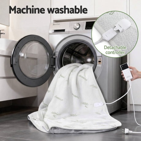 Machine washable bamboo electric blanket with detachable controller beside washing machine