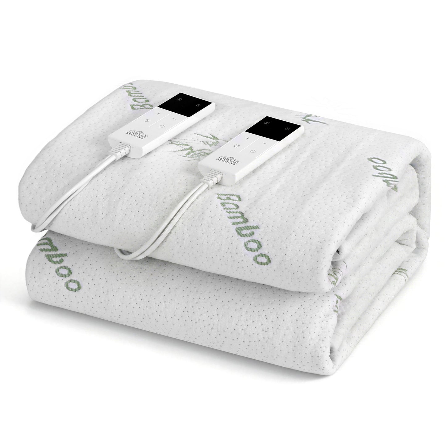 Folded bamboo electric blanket with two digital controllers on a white background