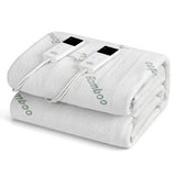 Folded bamboo electric blanket with two digital controllers on a white background