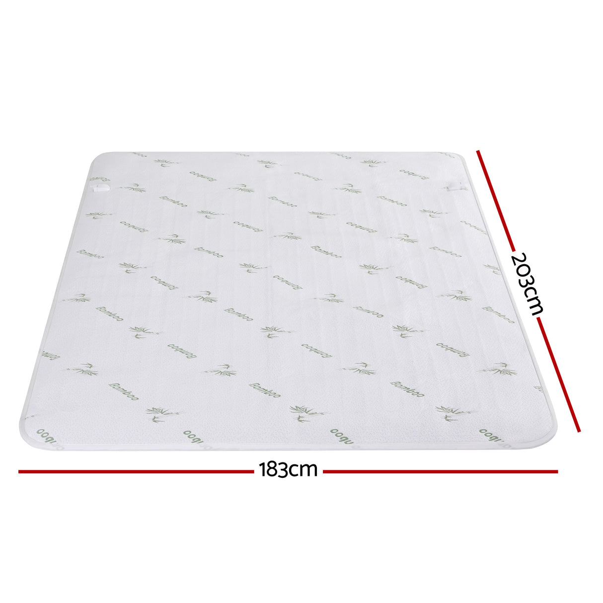 White bamboo fabric mattress topper with 183cm by 203cm dimensions labeled