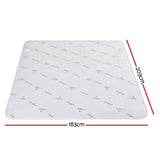 White bamboo fabric mattress topper with 183cm by 203cm dimensions labeled
