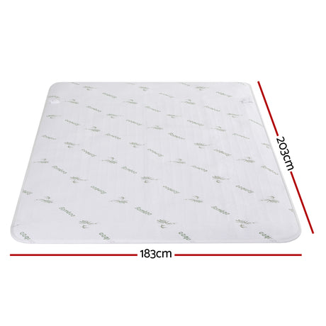 White bamboo fabric mattress topper with 183cm by 203cm dimensions labeled