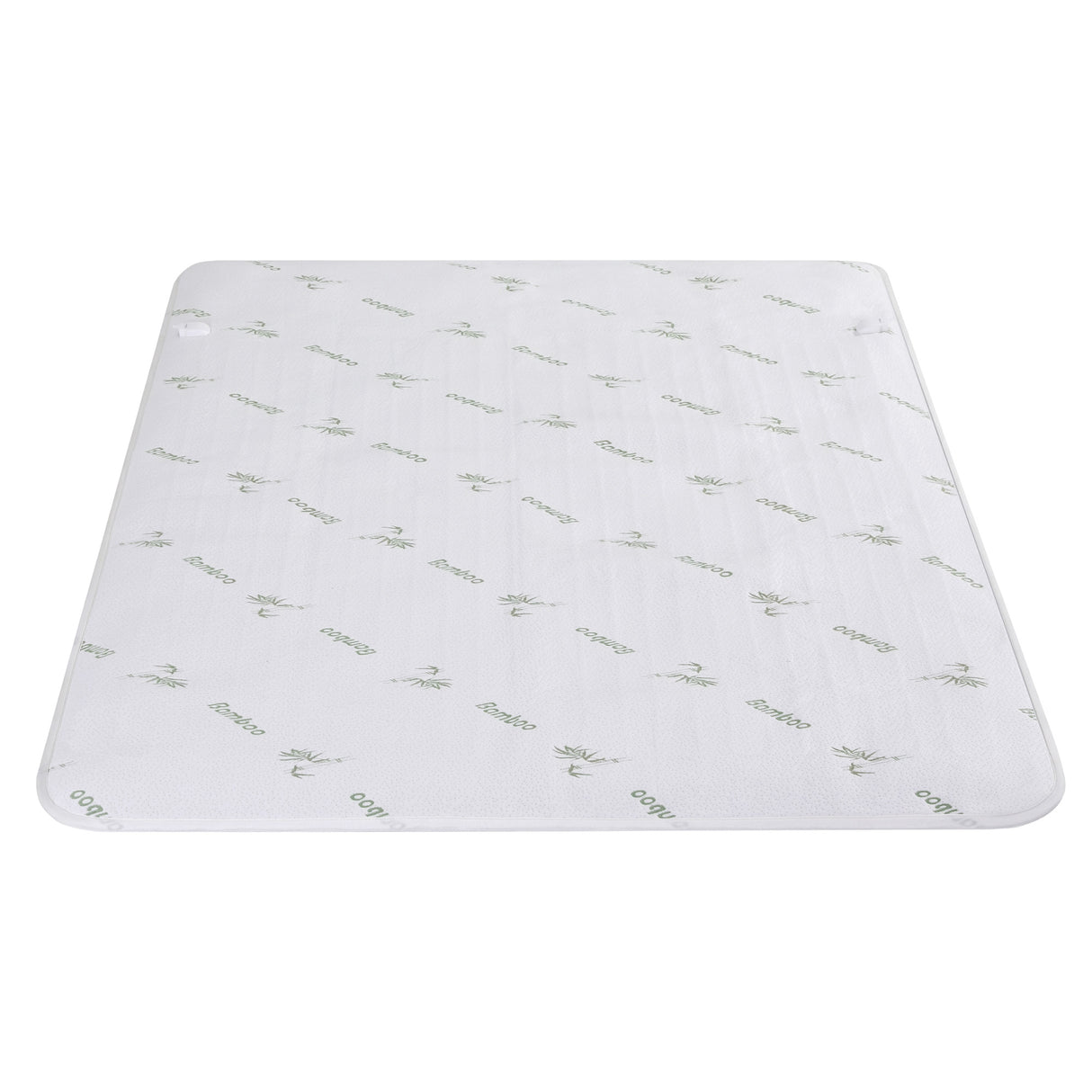 White bamboo mattress topper with subtle green bamboo print, breathable bedding accessory