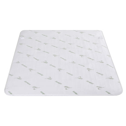 White bamboo mattress topper with subtle green bamboo print, breathable bedding accessory