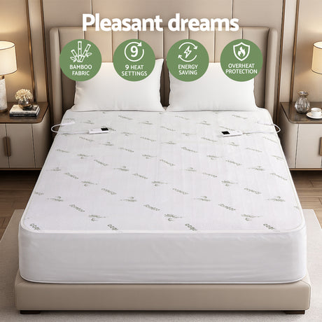 Queen bed with bamboo fabric electric blanket, dual controls, and heat settings in modern bedroom